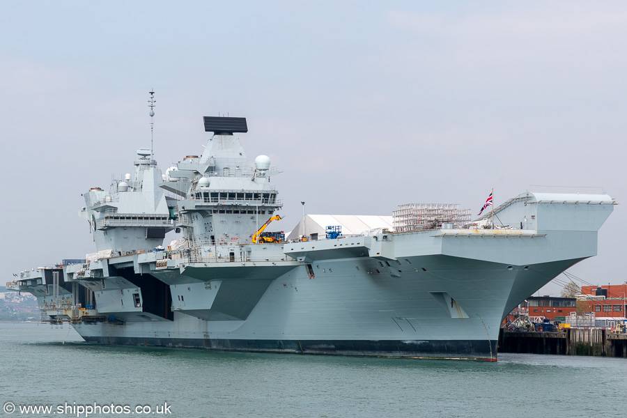Photograph of the vessel HMS Queen Elizabeth pictured in Portsmouth Naval Base on 27th April 2025