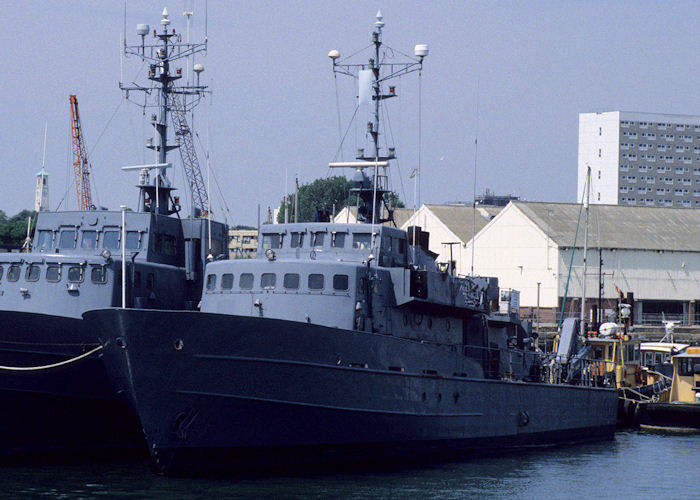 Photograph of the vessel HMS Redpole pictured laid up at American Wharf, Southampton on 21st July 1996