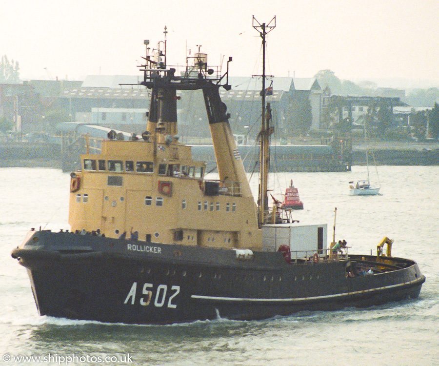 Photograph of the vessel RMAS Rollicker pictured departing Portsmouth Harbour on 21st May 1989
