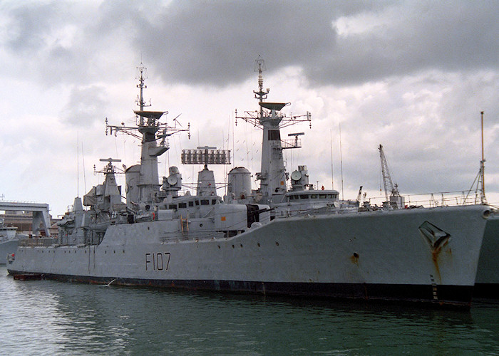 Photograph of the vessel HMS Rothesay pictured in Portsmouth Naval Base on 1st April 1988