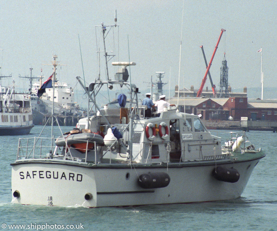 HMCC Safeguard pictured arriving in Portsmouth Harbour on 11th June 1989
