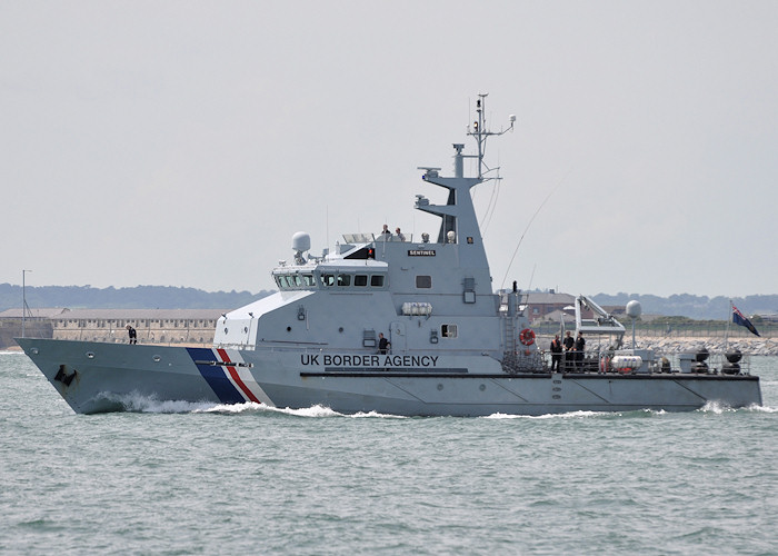 Photograph of the vessel HMC Sentinel pictured departing Portsmouth Harbour on 21st July 2012