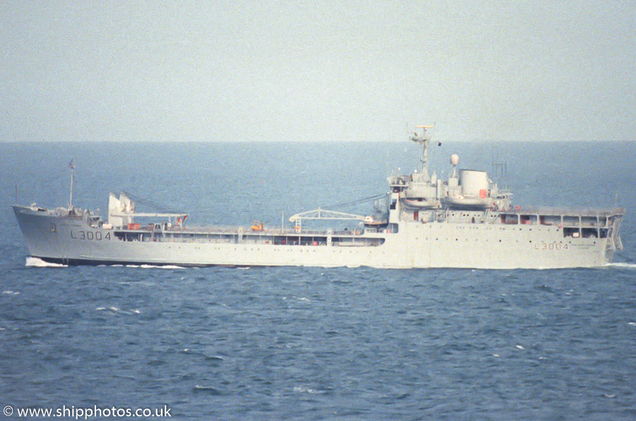 Photograph of the vessel RFA Sir Bedivere pictured approaching Portland Harbour on 27th July 1989