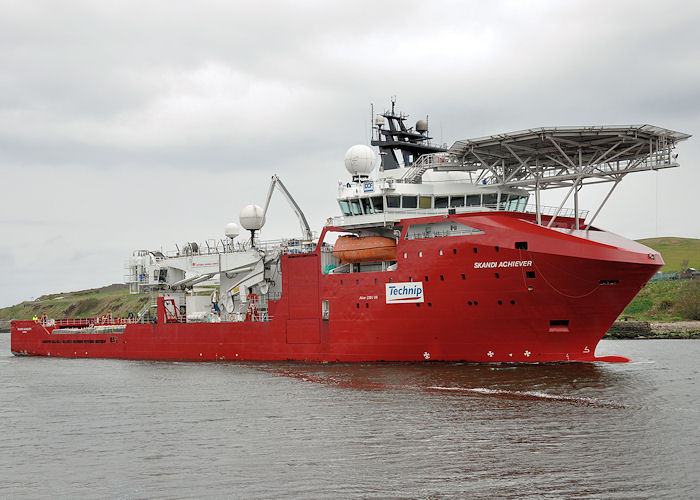 Photograph of the vessel  Skandi Achiever pictured arriving at Aberdeen on 15th May 2013