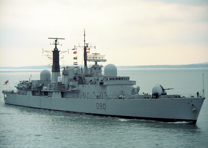 Photograph of the vessel HMS Southampton pictured entering Portsmouth Harbour on 12th March 1988