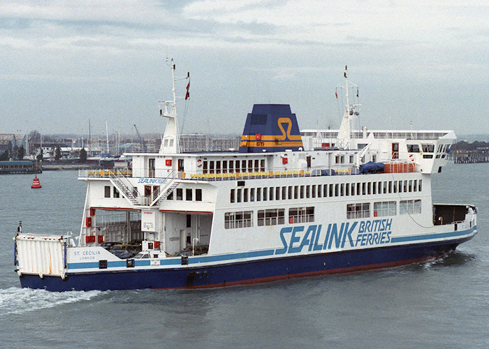 Photograph of the vessel  St. Cecilia pictured entering Portsmouth Harbour on 14th February 1988