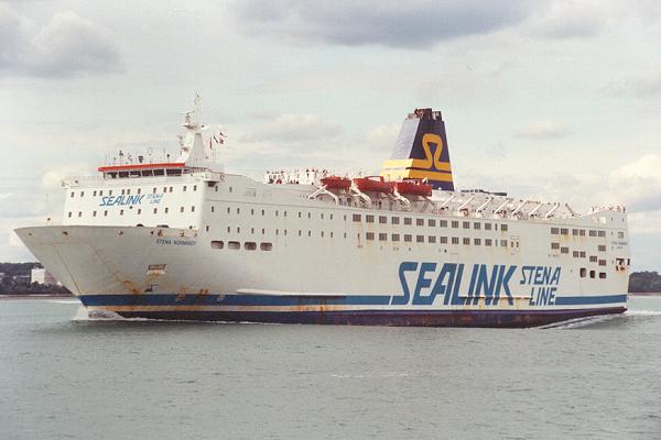 Photograph of the vessel  Stena Normandy pictured departing Southampton on 5th September 1992