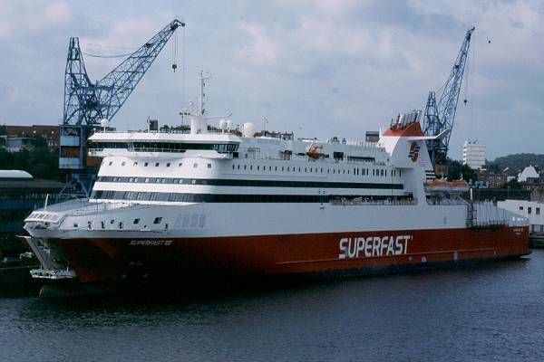 Photograph of the vessel  Superfast VIII pictured fitting out in Kiel on 29th May 2001