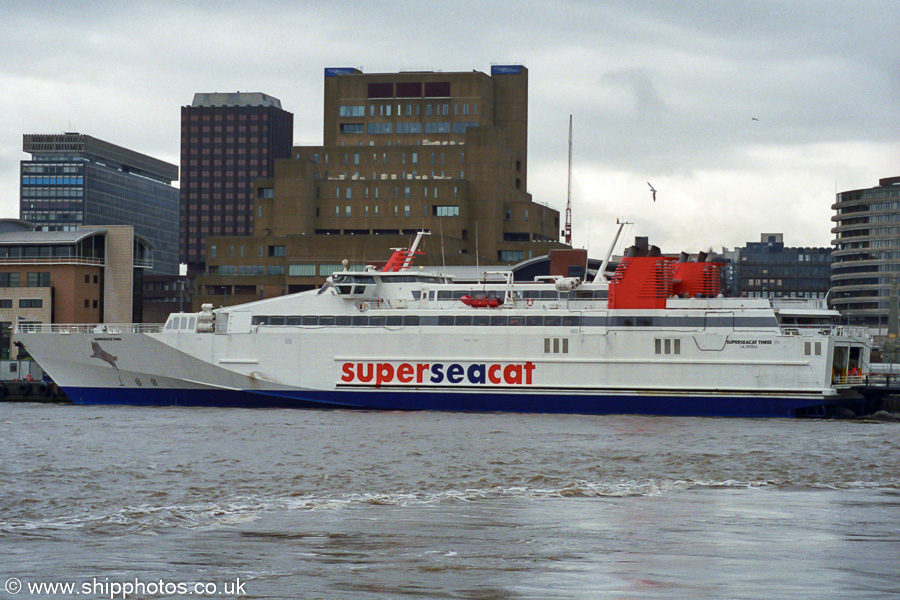Photograph of the vessel  Superseacat Three pictured at Pierhead, Liverpool on 24th August 2002