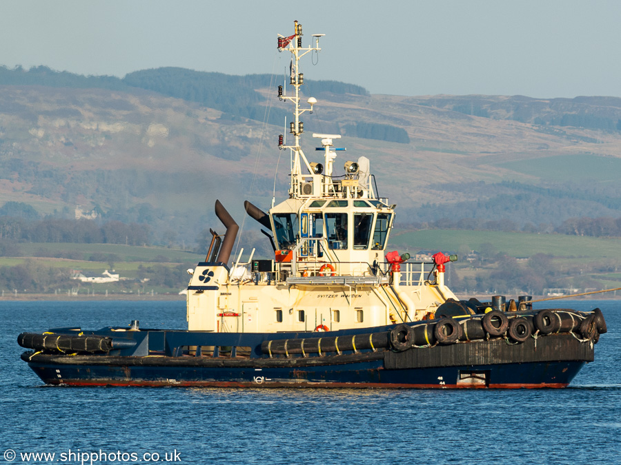 Photograph of the vessel  Svitzer Warden pictured at Greenock on 25th March 2022
