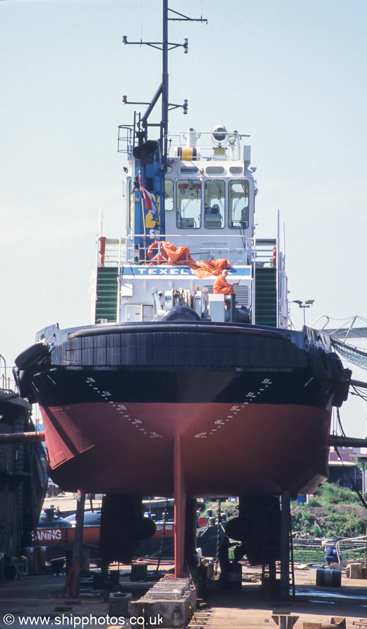 Photograph of the vessel  Texelbank pictured in dry dock in Eemhaven, Rotterdam on 17th June 2002