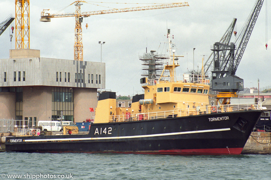 Photograph of the vessel RMAS Tormentor pictured in Devonport Naval Base on 28th July 1989
