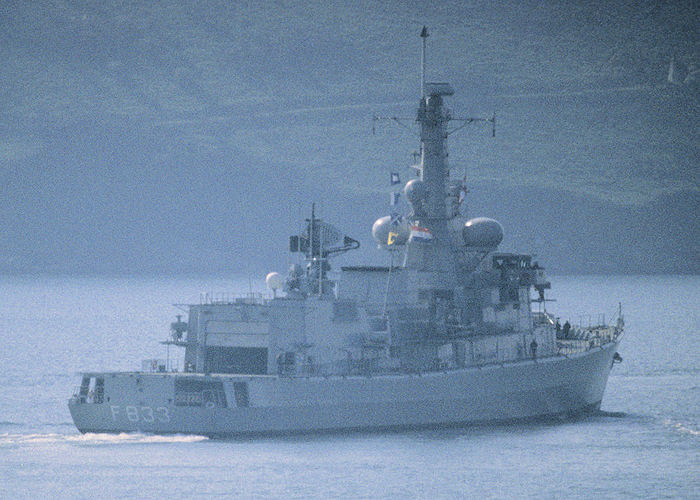 Photograph of the vessel HrMS Van Nes pictured departing Devonport Naval Base on 6th May 1996