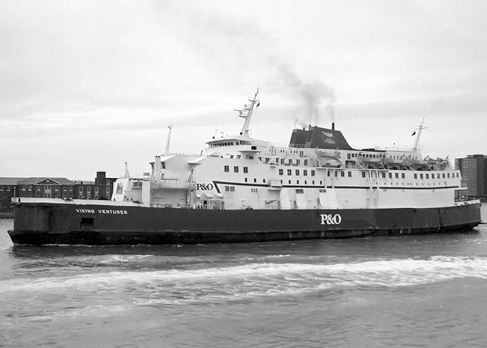 Photograph of the vessel  Viking Venturer pictured departing Portsmouth Harbour on 28th January 1989