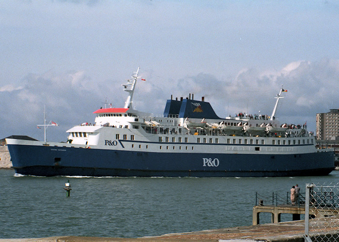 Photograph of the vessel  Viking Voyager pictured departing Portsmouth Harbour on 1st April 1988