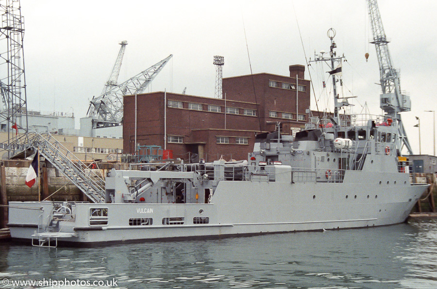Photograph of the vessel FS Vulcain pictured in Portsmouth Naval Base on 30th April 1989