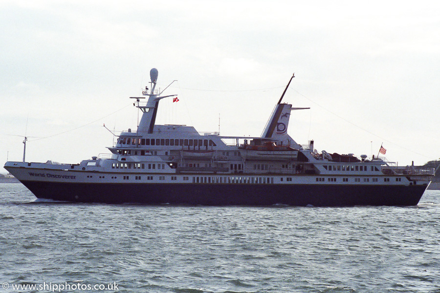 Photograph of the vessel  World Discoverer pictured departing Portsmouth Harbour on 14th May 1989